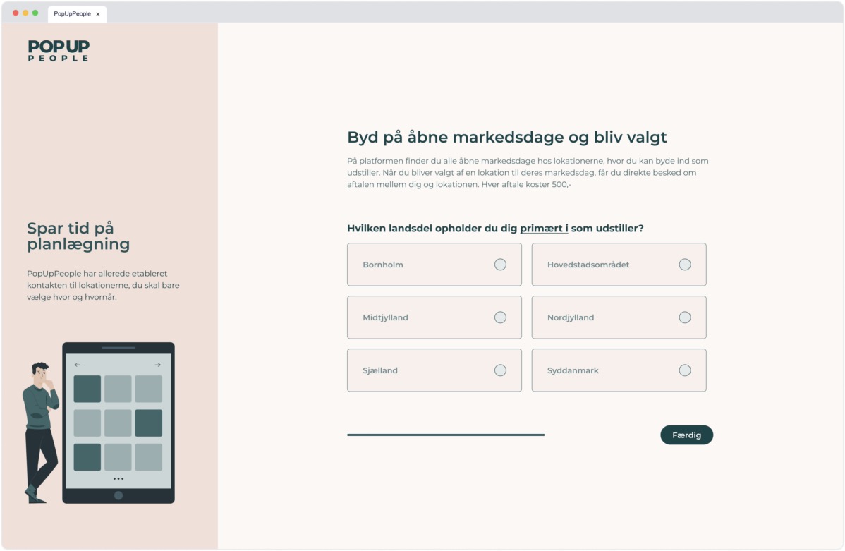 Onboarding step asking which region the vendor is based in with six geographic radio options and an illustration of a person leaning on a tablet.
